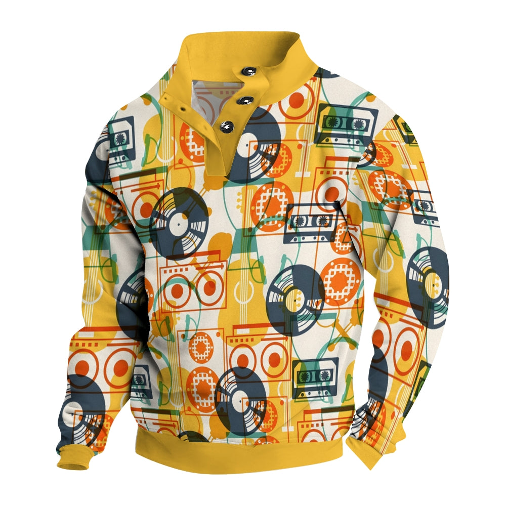 Button Music Geometry Vinyl Record Printed Casual Long Sleeve Sweatshirt 2410006896