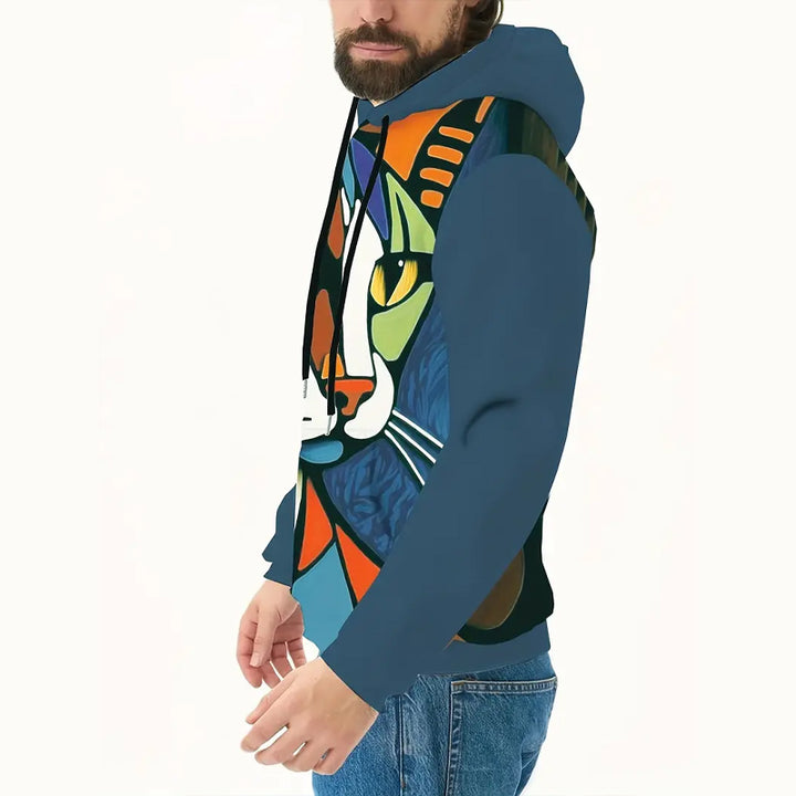 Men's Cat Print Pullover Round Neck Hoodie