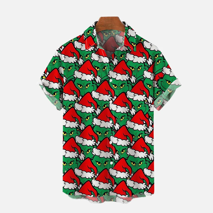 Merry Christmas Cartoon Stacked Green Furry Monsters Wearing Santa Hats Printing Shirt