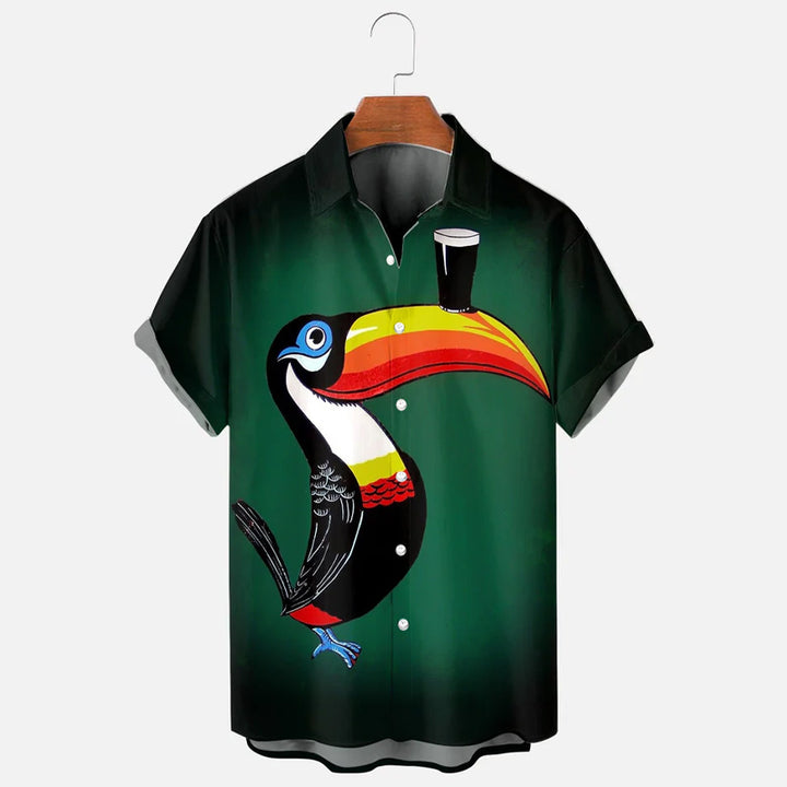 Men's Retro Cartoon Toucan Beer Print Short Sleeve Shirt