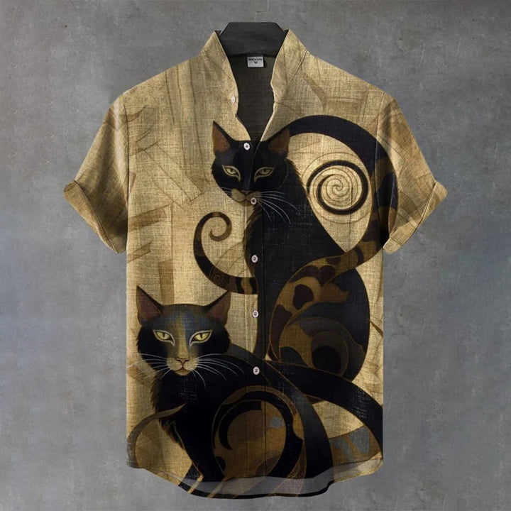 Vintage Black Cat Art Print Casual Shirt