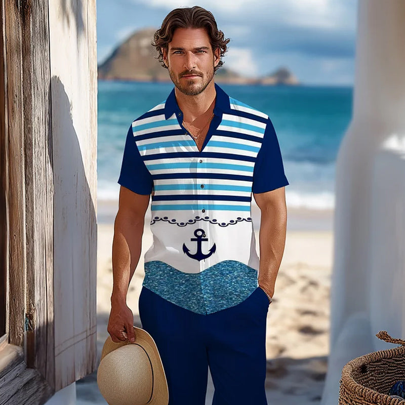 Men's Casual Hawaiian Anchor Striped Vacation Shirts