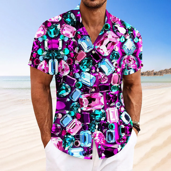 Men's Geometric Crystal Diamond Button Casual Short Sleeve Shirt