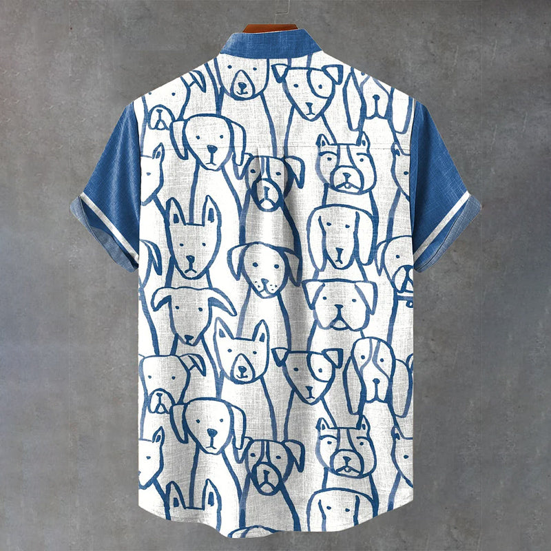 Blue Lines Doodle Dogs Art Print Casual Shirt