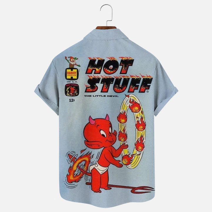 Men's Retro Little Devil Cartoon Print Short Sleeve Shirt