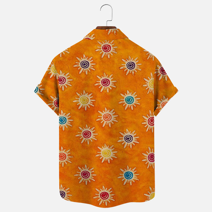 Colorful Sun Symbol Print Retro Short Sleeve Shirt