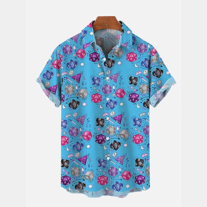 Cartoon Colorful Dice On Blue Printing Short Sleeve Shirt