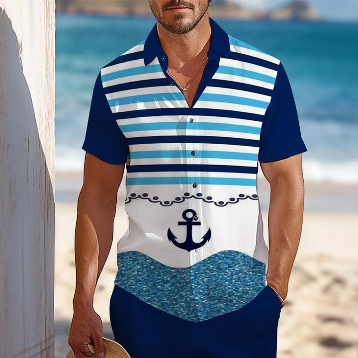 Men's Casual Hawaiian Anchor Striped Vacation Shirts