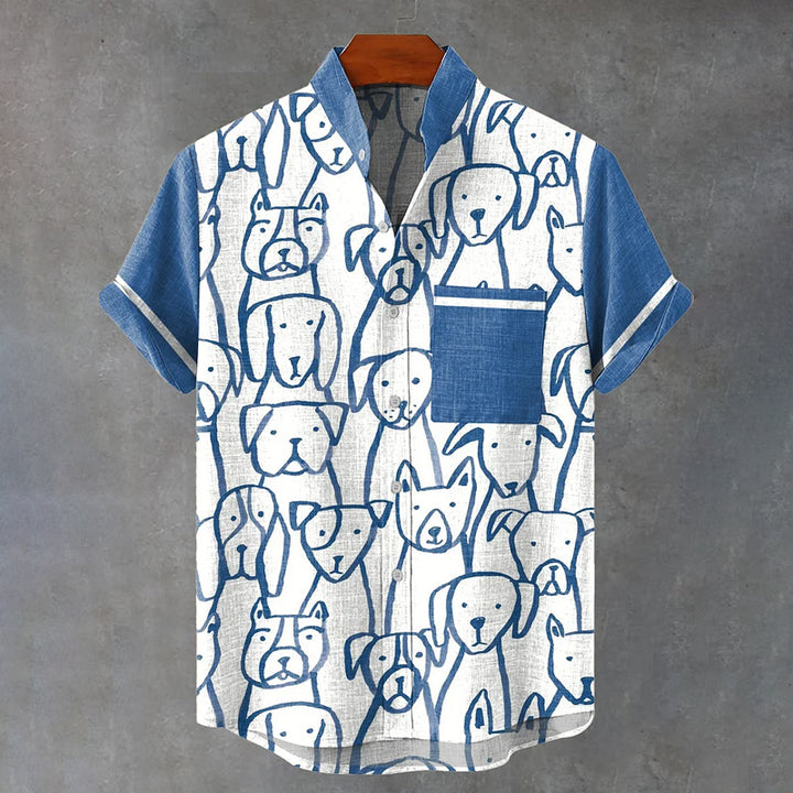 Blue Lines Doodle Dogs Art Print Casual Shirt