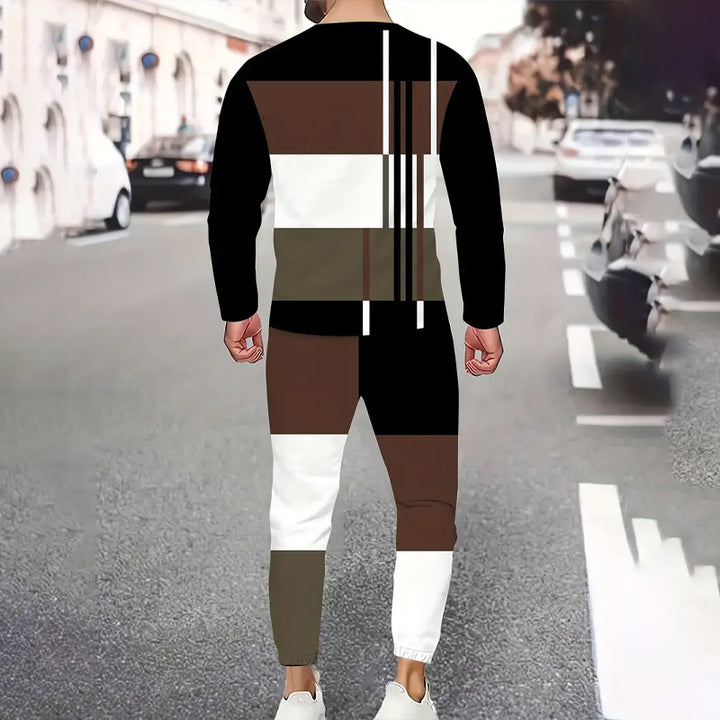 Men's Color Block Stripes Crew Neck Long Sleeve T-Shirt and Pants Set