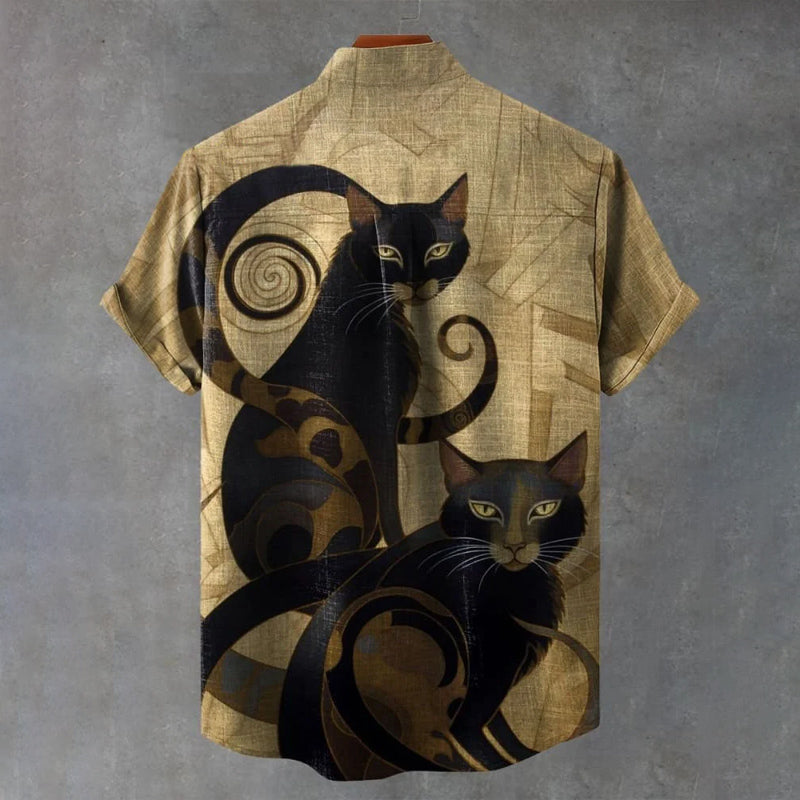 Vintage Black Cat Art Print Casual Shirt