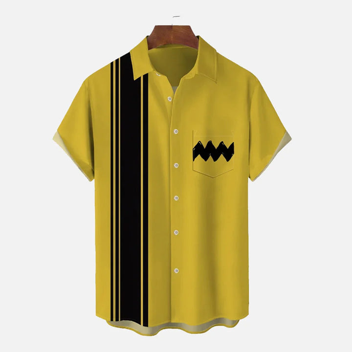 Cartoon Costume Yellow And Black Matching Art Stripe Printing Breast Pocket Short Sleeve Shirt