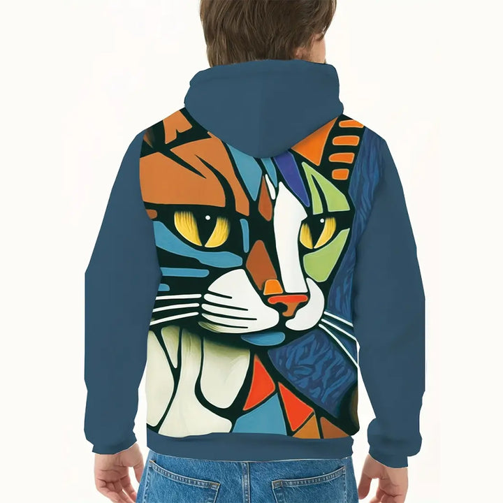 Men's Cat Print Pullover Round Neck Hoodie