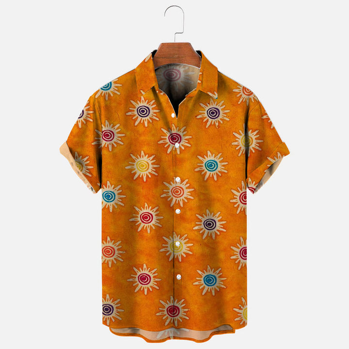 Colorful Sun Symbol Print Retro Short Sleeve Shirt