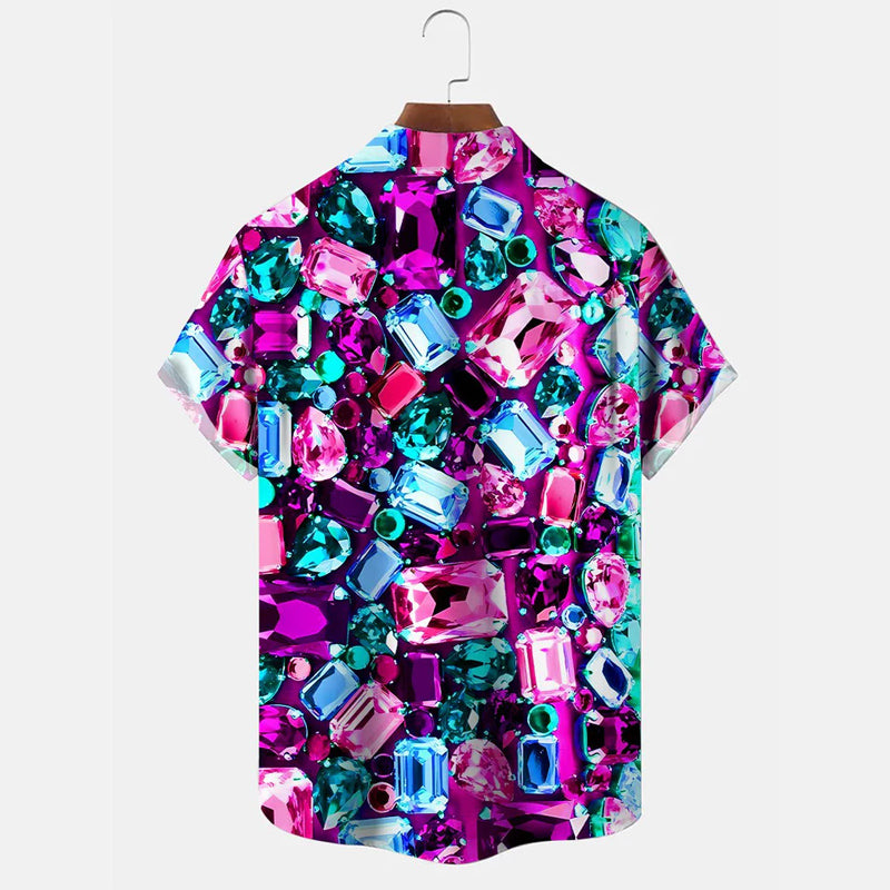 Men's Geometric Crystal Diamond Button Casual Short Sleeve Shirt