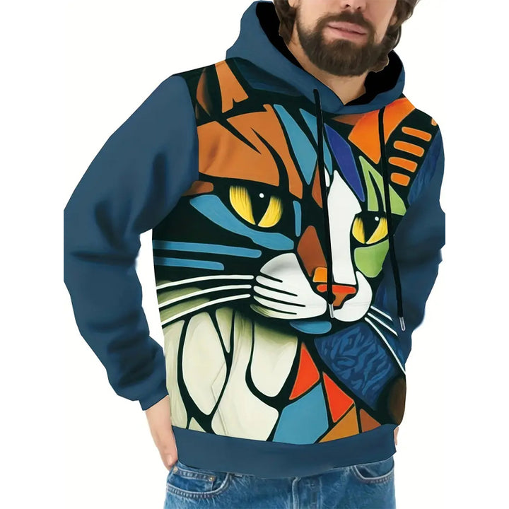 Men's Cat Print Pullover Round Neck Hoodie