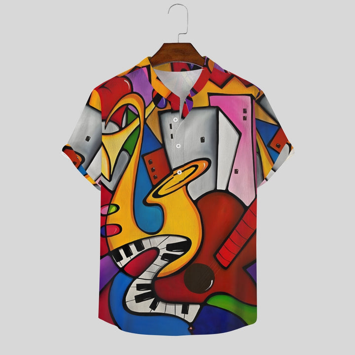 Musical Instruments Abstract Geometric Print Stand-Up Collar Half-Lapel Short-Sleeved Shirt