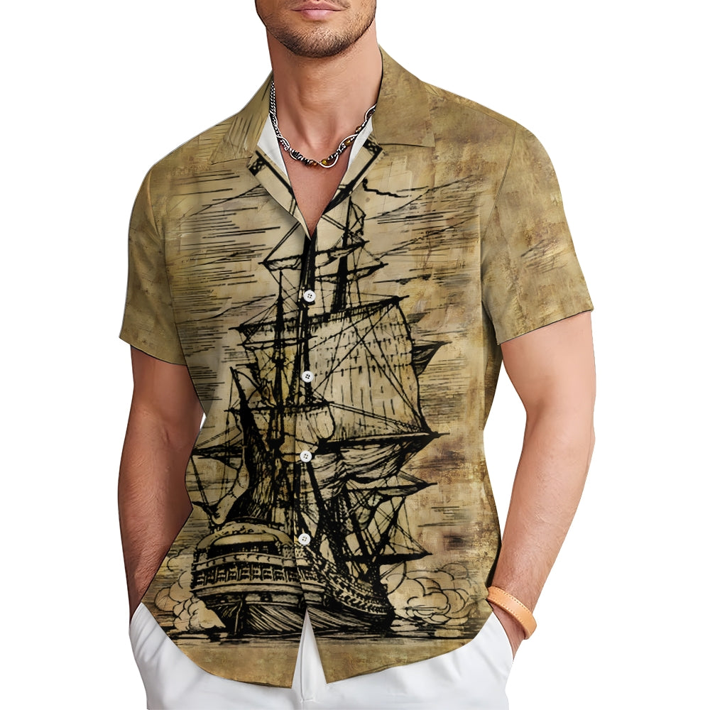 Men's Vintage Sailing Sailboat Print Short Sleeve Shirt 2412006981