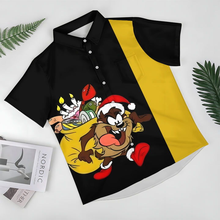 Cartoon Character Christmas Gift Print Chest Pocket Short Sleeve Shirt 2410007970