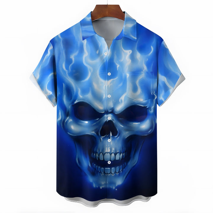 Skull And Flame Print Chest Pocket Short Sleeve Shirt 2411001990