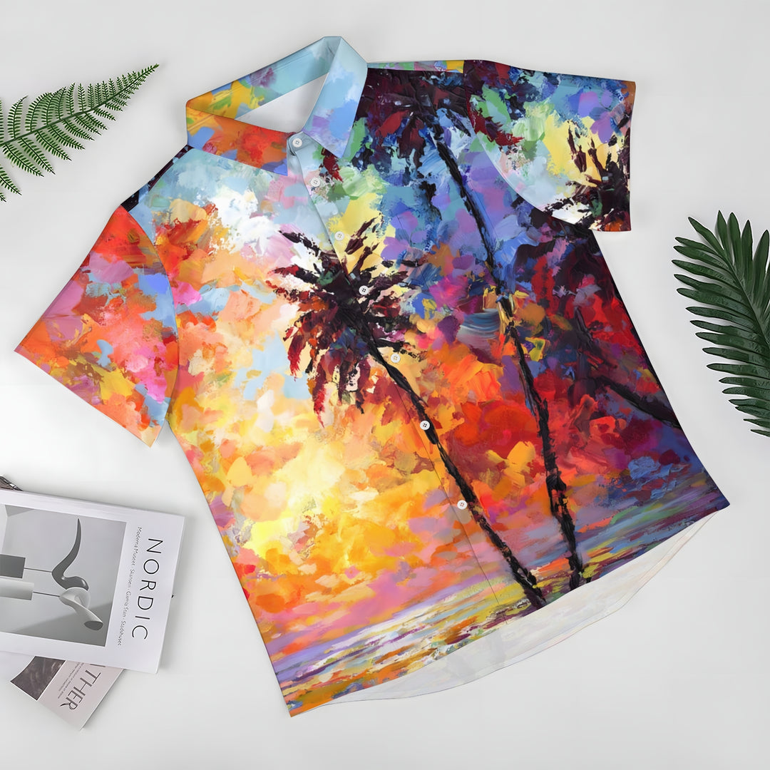 Hawaiian Coconut Tree Oil Painting Art Print Short Sleeve Shirt 2404001791