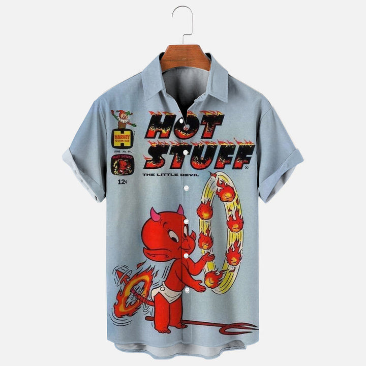 Men's Retro Little Devil Cartoon Print Short Sleeve Shirt