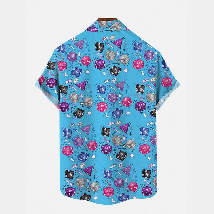 Cartoon Colorful Dice On Blue Printing Short Sleeve Shirt