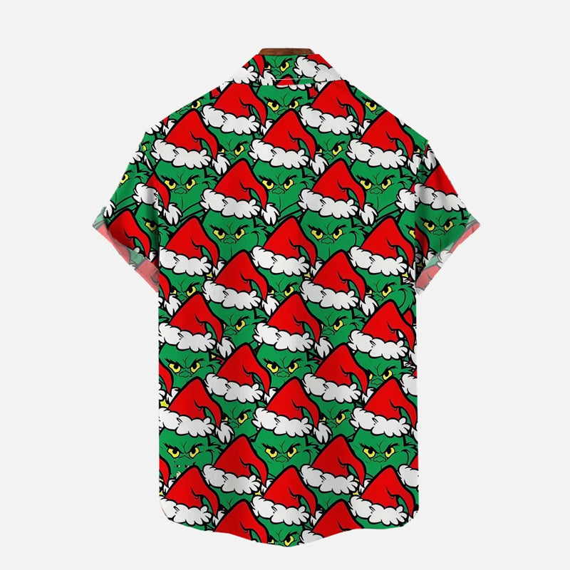 Merry Christmas Cartoon Stacked Green Furry Monsters Wearing Santa Hats Printing Shirt