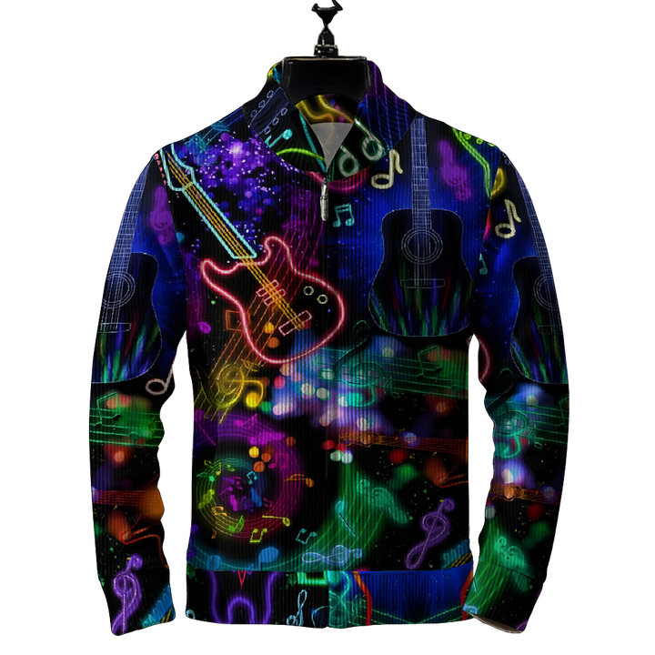 Men's Music Guitar Print Zip-Up Sweater Jacket 2409005183