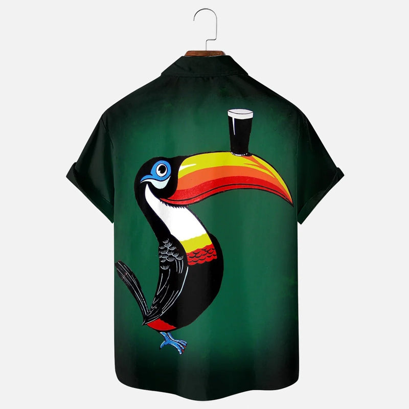 Men's Retro Cartoon Toucan Beer Print Short Sleeve Shirt