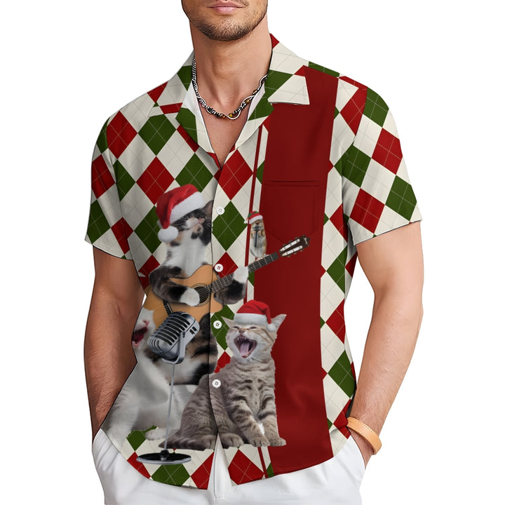 Cats Wearing Santa Hats And Singing Print Short Sleeve Shirt 2410003956