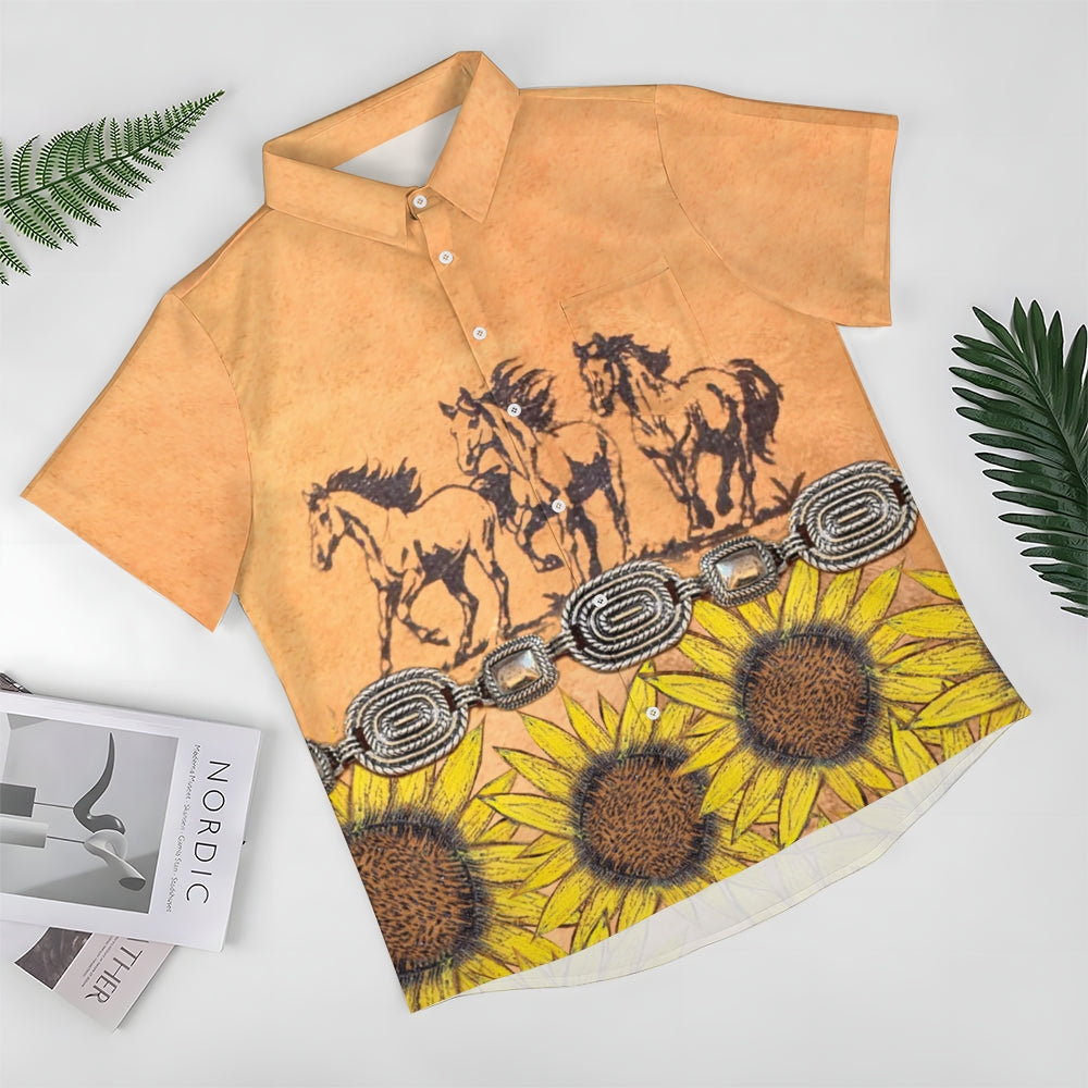 Horses And Sunflowers Decoration Print Casual Shirt 2412008035