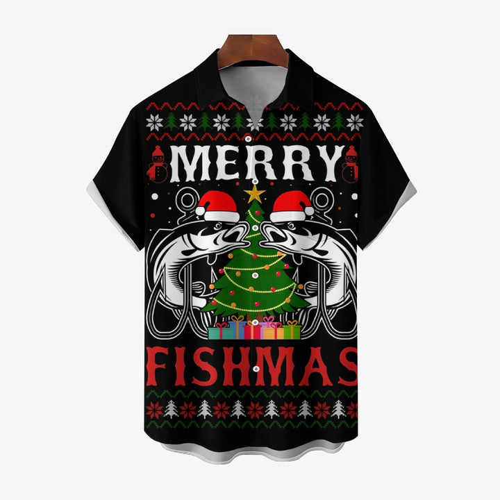 Merry Christmas Fishing Lovers Print Short Sleeve Shirt 2411007854