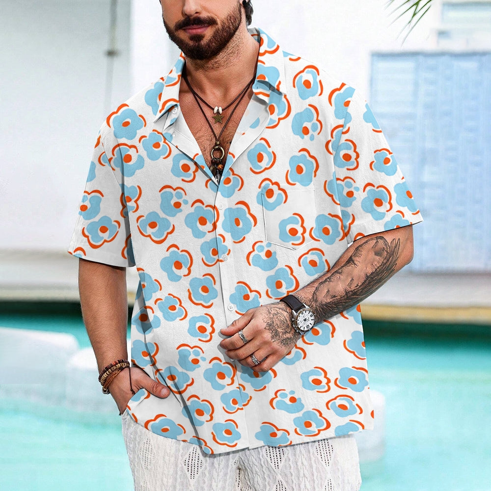 Blue Flower Print Casual Short Sleeve Shirt 2410007587