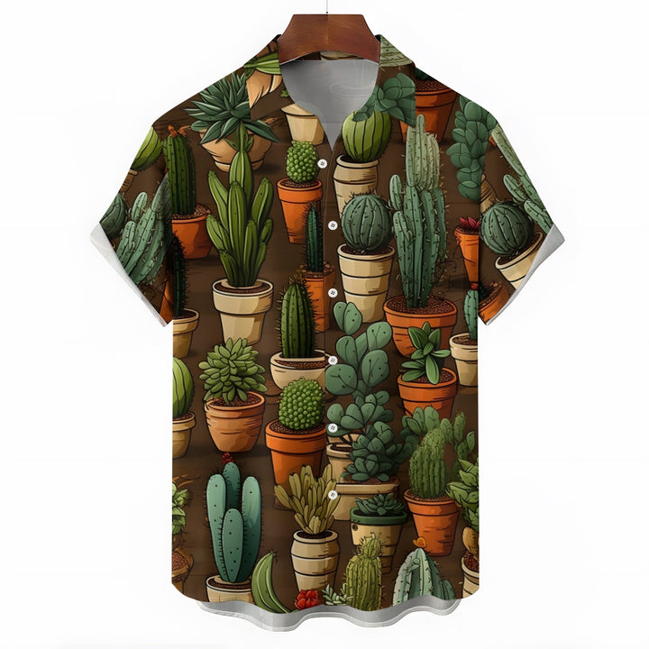 Men's Cactus Pot Print Casual Short Sleeve Shirt 2403000904