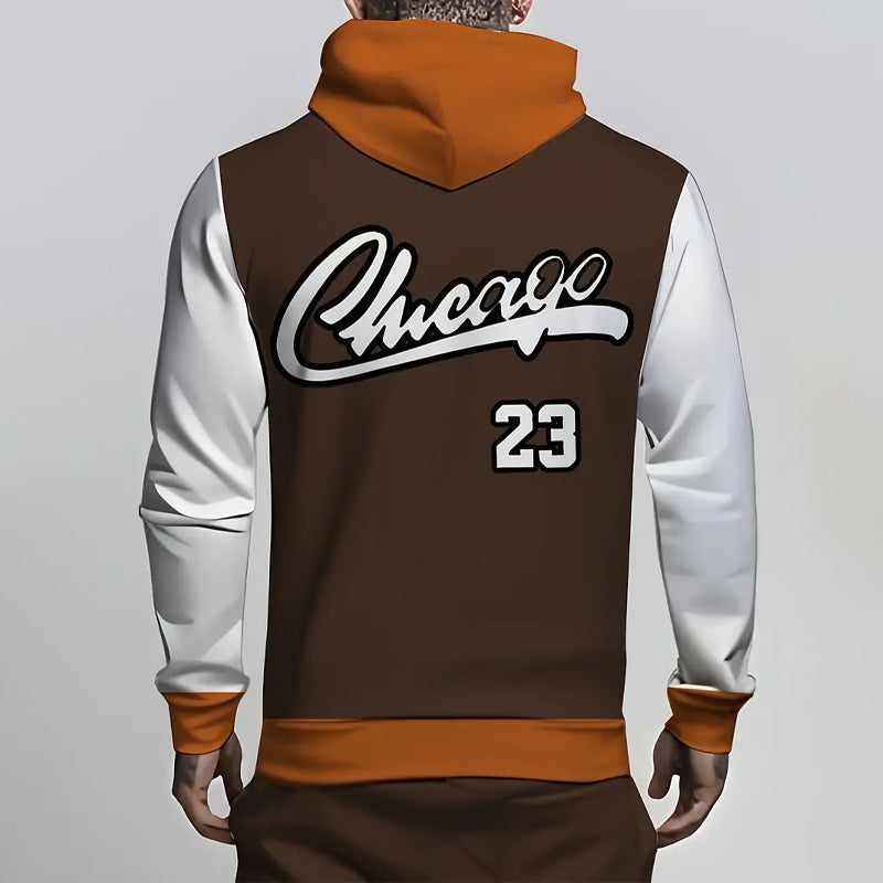 Men's Sporty Casual Color Block Chicago 23 Print Hoodie and Pants Set