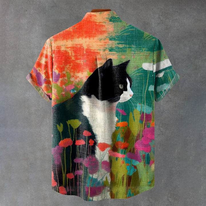 Flowers Plants Cat Art Print Casual Shirt