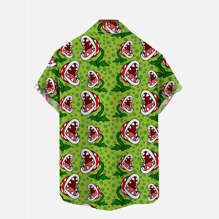 Green Cartoon Piranha Flowers Printing Short Sleeve Shirt