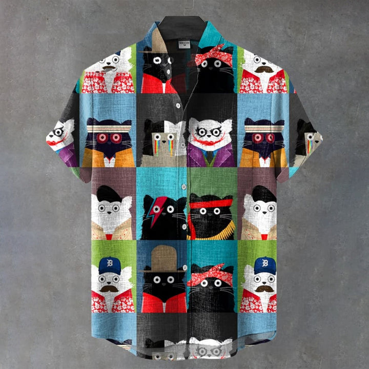 Funny Cat Art Print Casual Short Sleeve Shirt