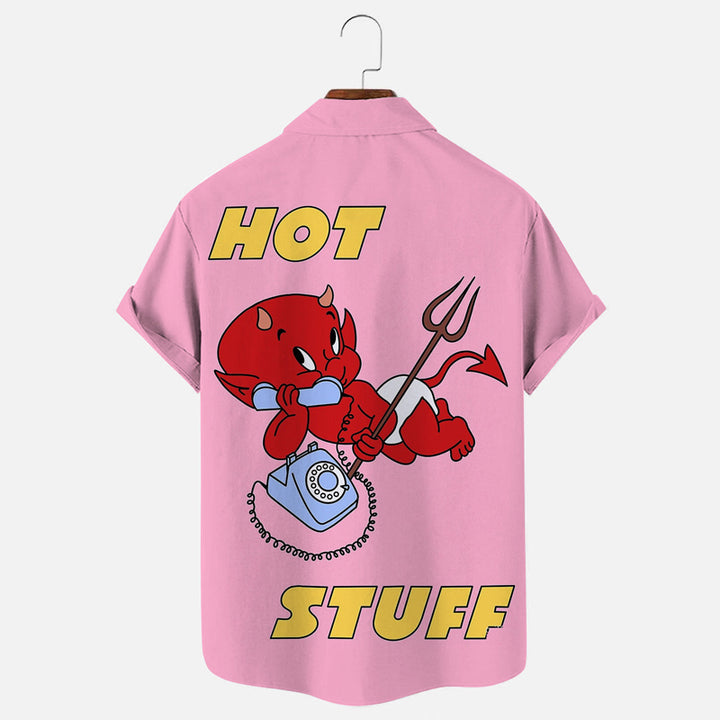 Men's Retro Little Devil Cartoon Print Casual Short Sleeve Shirt