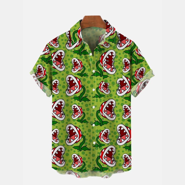 Green Cartoon Piranha Flowers Printing Short Sleeve Shirt