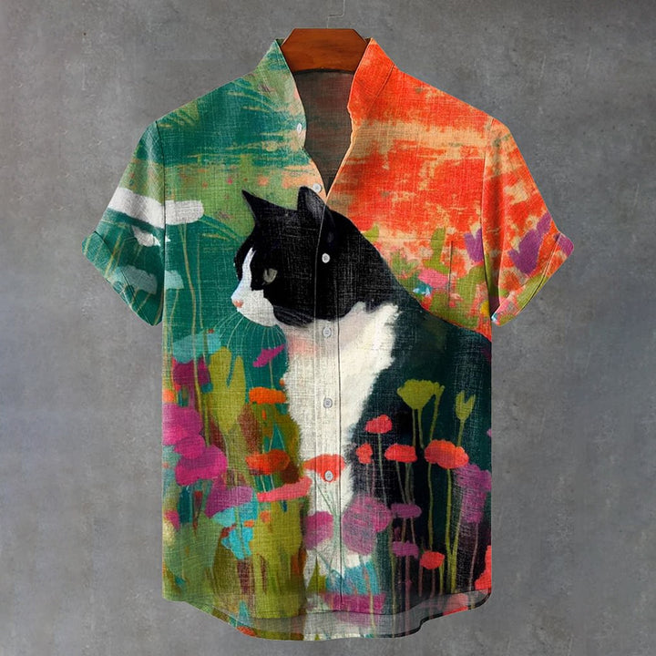 Flowers Plants Cat Art Print Casual Shirt