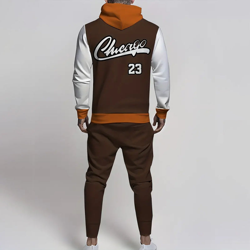 Men's Sporty Casual Color Block Chicago 23 Print Hoodie and Pants Set