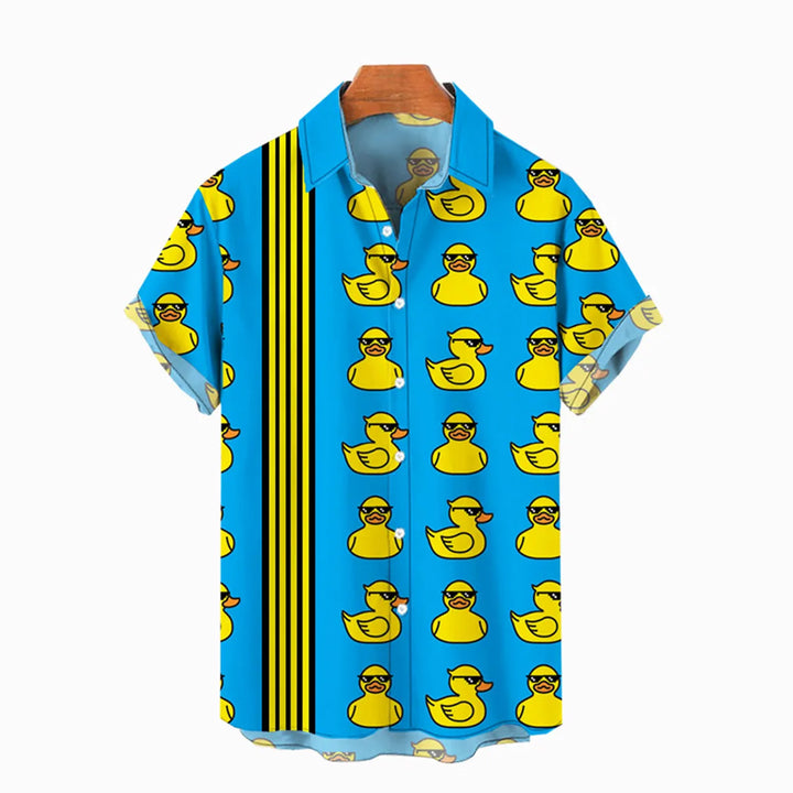 Hawaiian Blue Fashion Yellow Duckling Printing Short Sleeve Shirt