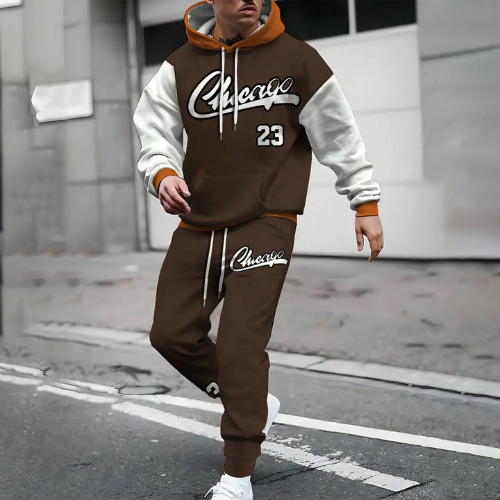 Men's Sporty Casual Color Block Chicago 23 Print Hoodie and Pants Set