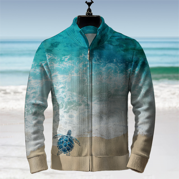 Men's Beach Turtle Print Zip-Up Sweater Jacket 2409005184