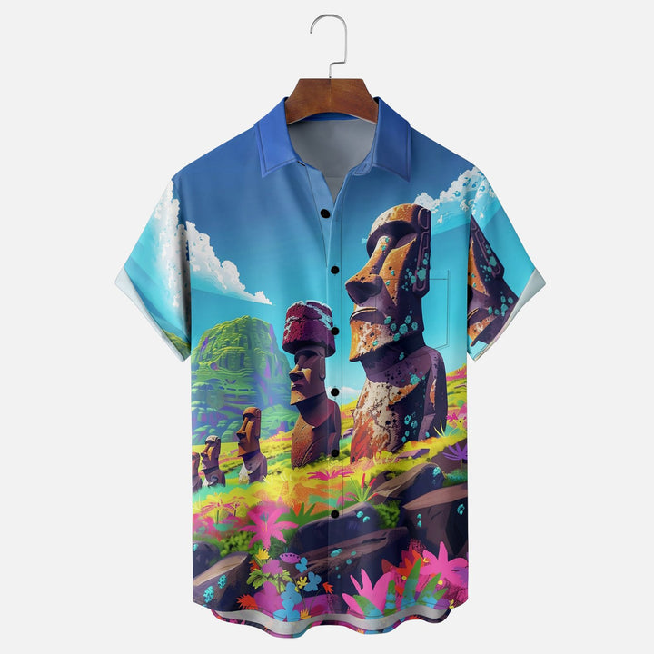 Easter Island Moai Statues Chest Pocket Casual Shirt