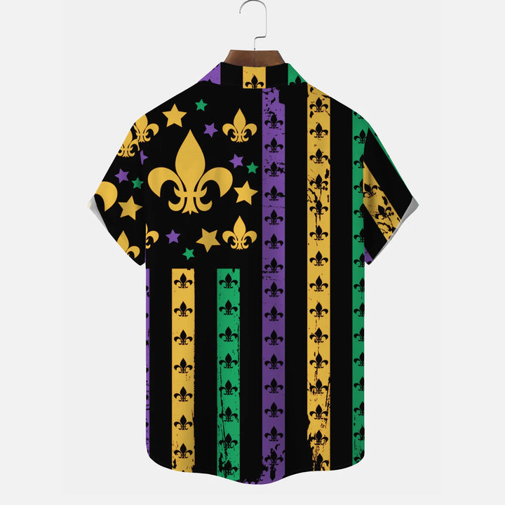 Mardi Gras Flag Fleur De Lis Print Men's Button Pocket Short Sleeve Shirt