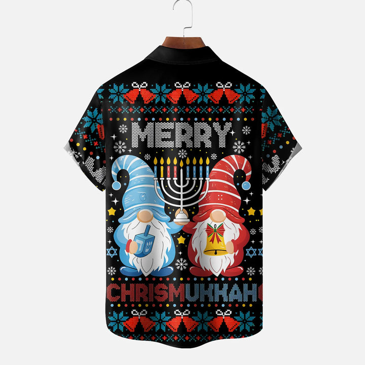 Christmas Hanukkah Gnomes Chest Pocket Casual Shirt