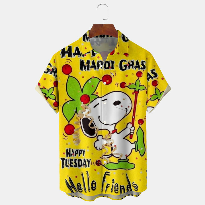 Mardi Gras Cartoon Dog Print Men's Button Pocket Short Sleeve Shirt